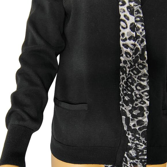 Tahari 100% Cotton Black Leopard Trim Button Front Cardigan Size Medium Petite - Picture 3 of 9